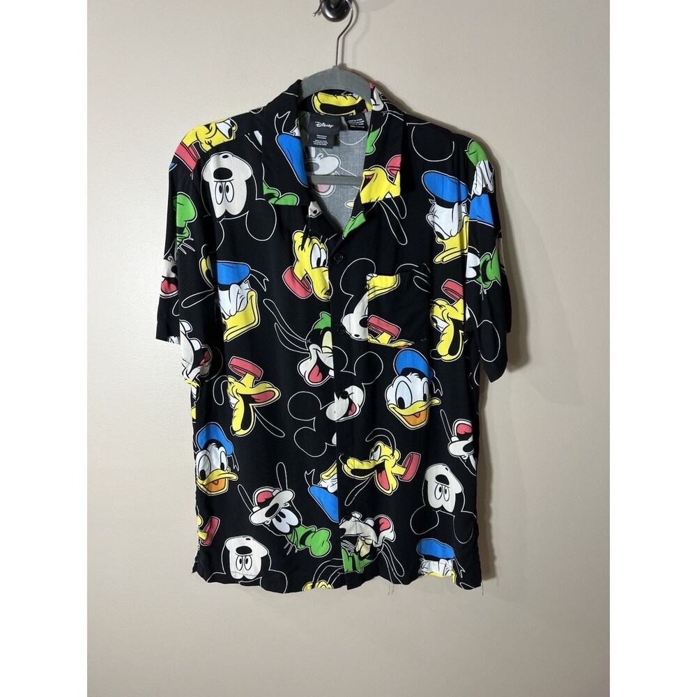 Disney Shirt Mens Medium Black Mickey Goofy Donald Pluto Short Sleeve Button Up
